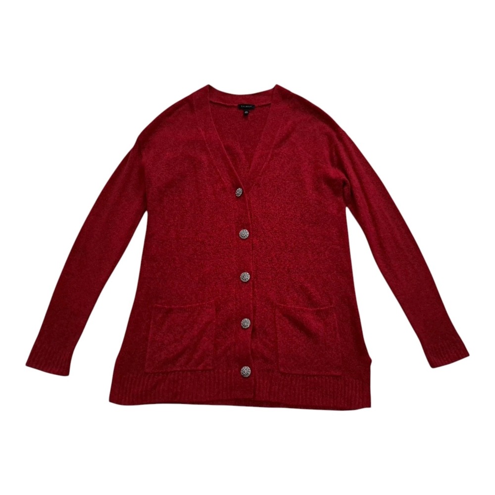 Talbots Cardigan Sweater Women's XS Red Sparkly Button Pockets Holiday Christmas